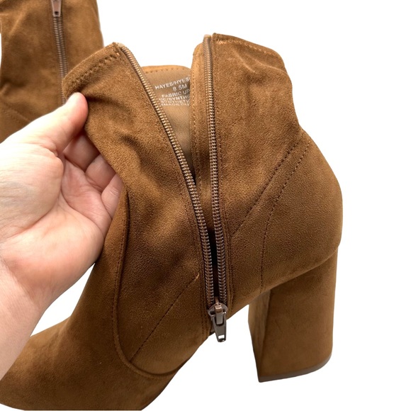 Steve Madden Hayes Point Toe Faux Suede Block Heel Stretchy Ankle Bootie Cognac - Picture 8 of 12
